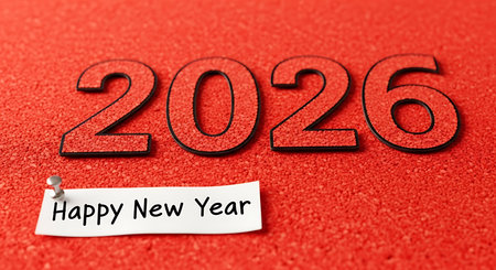Happy new year 2026 text with a white note pinned on a textured vibrant red background. The numbers 2026 are crafted with a black outline and a red granular fill, providing a modern and tactile look. The small paper note conveys a greeting, perfect for holiday greetings and celebrations.の素材