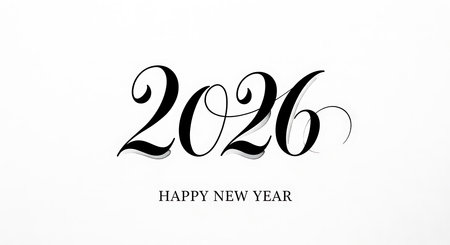 2026 happy new year black elegant script text on clean white background. luxurious design for upcoming year celebration. festive greeting card for calendar event. sophisticated typography for season greeting. stylish render for new year's eve party.の素材