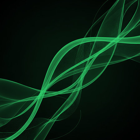 Modern dark green backdrop with light flowing lines suitable for technology presentation, design, concept. Smooth wave texture with graphic elements. Digital art wallpaper background.の素材