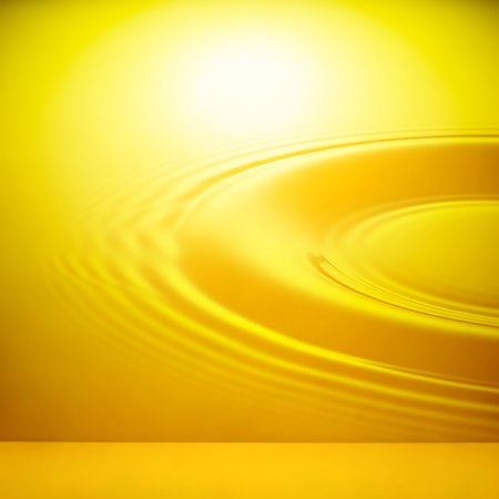 Bright yellow rippled surface great for advertising. Abstract ripples design, circle liquid shape reflection. Water drop background, wave dynamic effect copy space with radial effectの素材