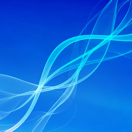 Abstract backdrop with flowing light lines on blue background for presentation, design, modern technology concept. Smooth wave texture. Digital art wallpaper decoration element.の素材