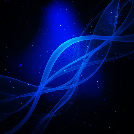 Abstract background with flowing waves and sparkling lights. The design features elegant blue lines with digital feel that create dynamic movement and depth on dark surface.の素材