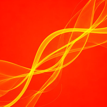Abstract yellow lines flowing in fluid motion creating design. Background features vibrant and swirling curves. Dynamic illustration with light and airy feel shows graceful lines against bright red tone for contemporary art.の素材