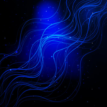 Abstract design featuring wavy blue lines and sparkling particles on black background. Dynamic design creating movement in digital artwork or modern presentations.の素材