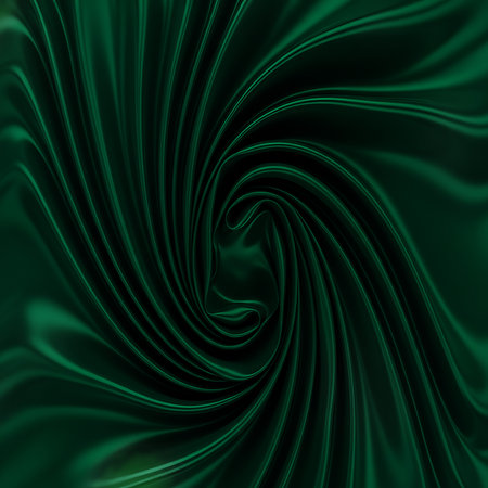 This is emerald green swirl background. Abstract silk fabric with whirlpool of soft folds and shiny texture is used to create elegant and luxurious flowing effect.の素材