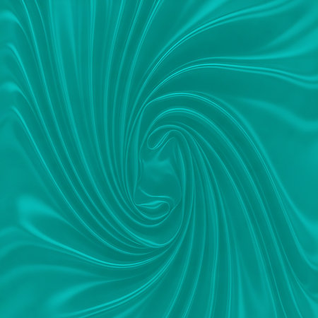 Swirling teal satin background and smooth spiral fabric present vibrant abstract design. It features spiral shape and texture fabric. Great for backdrop and wallpaper use.の素材