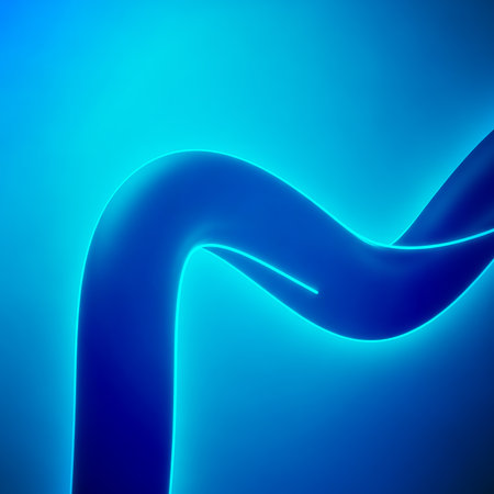 Glowing blue tube with neon edges. Digital artistic design with gradient blue background. Modern abstract image with glowing tube and blue shades. Abstract blue design 185 Charactersの素材