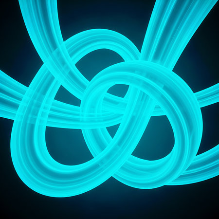 Entangled turquoise neon tube lights on dark background create abstract design. Ideal for modern design projects and technological presentations.の素材