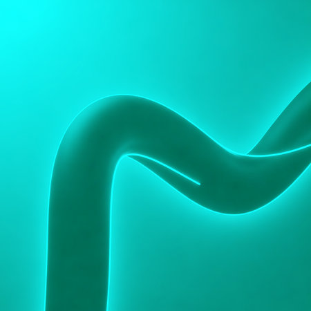 Features wavy teal neon tube with glowing effect on gradient surface. Illustrates curved shape for futuristic presentation display. Backdrop design element template banner.の素材
