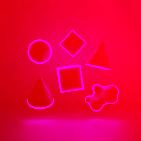 Illuminated abstract geometric shapes present modern art and futuristic style with deep red color. Great for posters, vibrant design and artistic themesの素材