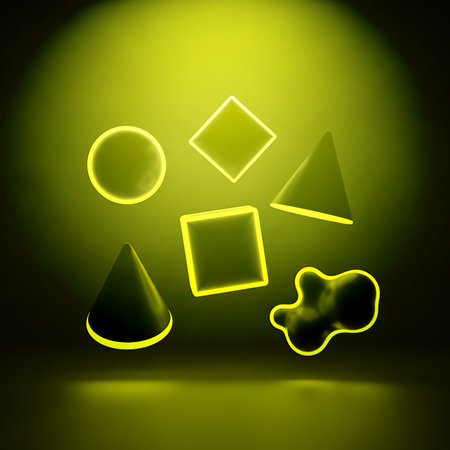 Abstract geometric shapes illuminated by yellow light against dark background creates floating 3d rendering. Modern art with clean lines gives sleek and stylish presentation impact style.の素材