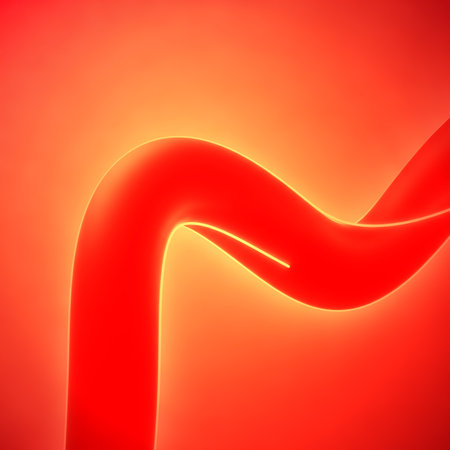 Vibrant abstract background showcasing flowing tube design. Glowing edges enhance visual appeal. Digital art utilizes bold red color palette for dynamic presentations. Modern graphic element.の素材