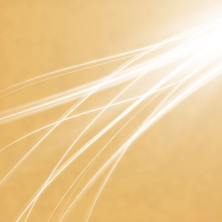 Modern futuristic design with glowing effects. Abstract art with white swirling lines against yellowish background creating dynamic movement and visual interest or texture.の素材