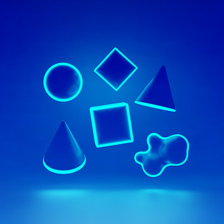 Abstract blue shapes digital art. 3d render graphic design with modern geometric style. Dark background with bright illustration, creative decorative computer wallpaperの素材