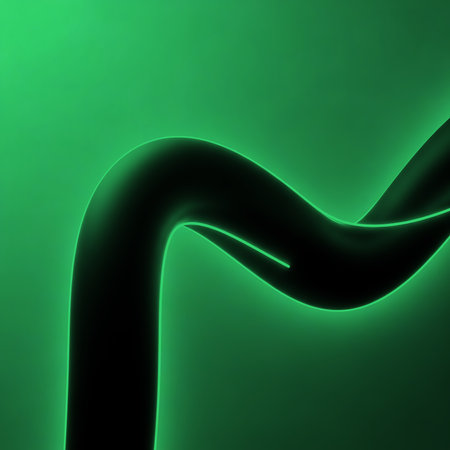 Simple abstract dark green background showing flowing neon edge forming curvy wave. Fluid style with strong edges perfect for modern design graphic art.の素材