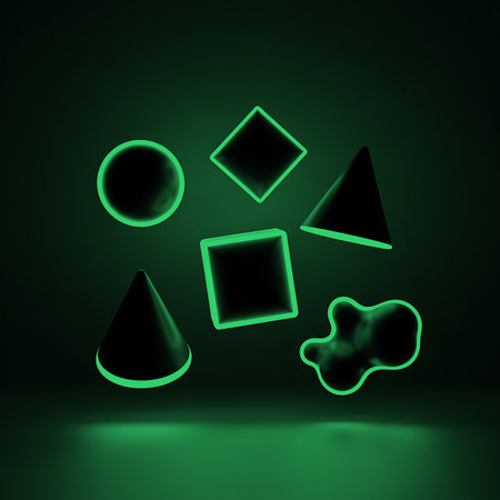 Modern minimalist design for technology themed projects. Arrangement of geometric shapes with glowing green outlines against dark background creates modern aesthetic presentation.の素材