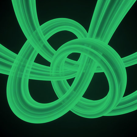 Abstract green background with intertwined luminous cables in knot formation. Creates smooth organic forms. Ideal for modern design and graphical projects.の素材