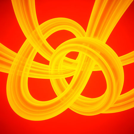 Intertwining yellow tubes create abstract forms on red background. Modern graphic design and visual art element provides unique decoration and conceptual shape.の素材