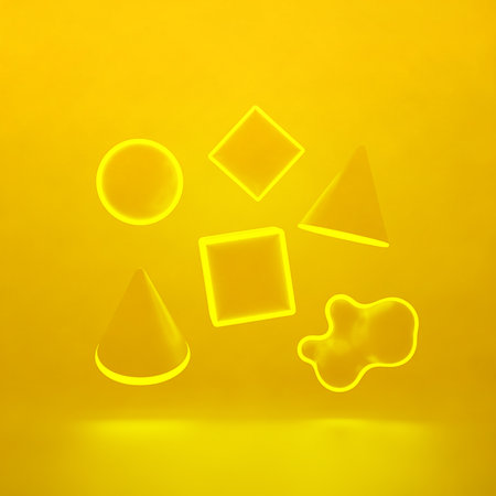 Abstract geometric shapes design with gradient background and light effect for modern presentation and digital artwork concept in yellow tone with clean style backgroundの素材