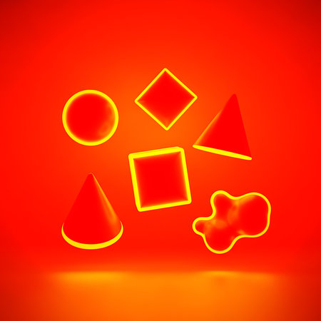 3d rendering shows geometric shapes with yellow glow on red background. Vibrant abstract illustration forms dynamic composition for modern futuristic art.の素材