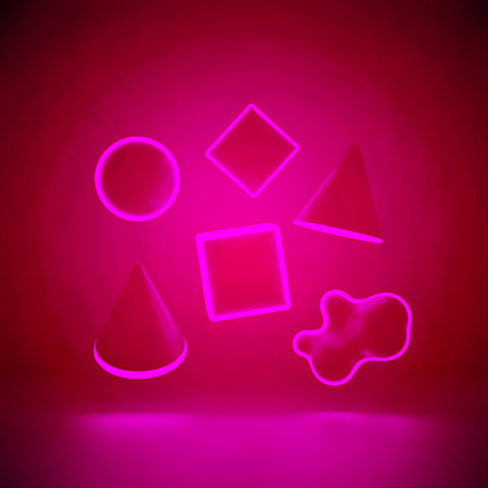 Magenta geometric shapes and 3d elements illuminated with glow effects create modern art design on dark red backdrop. Abstract shapes and vibrant artistic design combine.の素材