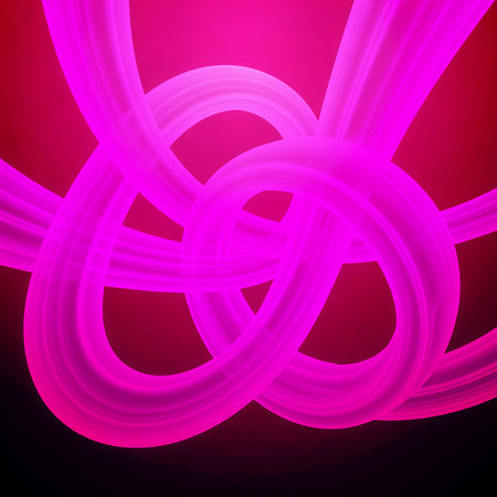 Neon pink curves intertwined creating complex knot on dark gradient backdrop. Captivating 3d abstract design shows depth and dimension. Pink curves form element.の素材