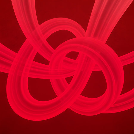 Entangled red tubes forming knot in abstract rendering. Creates complex visual design with intertwined elements and dynamic composition. Contemporary twisted graphic.の素材