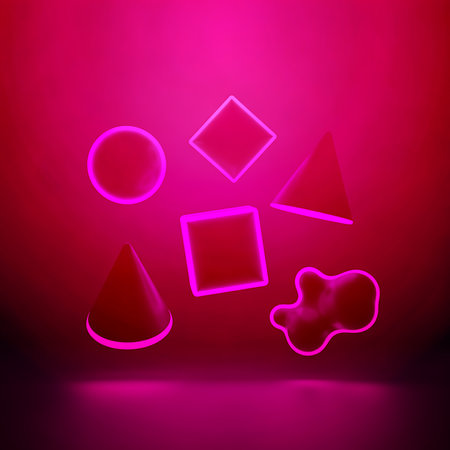 Conceptual 3d illustration featuring geometric composition with assortment of shapes like circle square and cone with soft blurry background on bright pink light modern designの素材