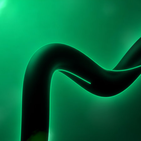 Neon green glowing abstract wire forms curve on dark teal backdrop. Dynamic shape and smooth surface ideal for design template. Flexible wire creating a 3D form.の素材