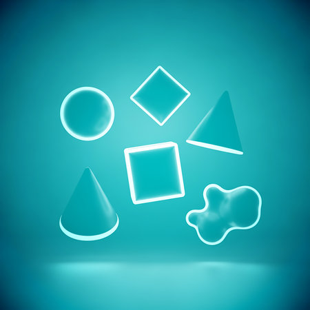 Geometric shapes in minimalist composition with circle cone cube diamond and blob floating above light surface edges glowing on gradient blue abstract 3d rendering design.の素材