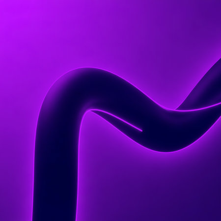 Features abstract curve with neon glow enhancing modern designs. Blurred purple background with soft gradient complements artistic presentations, suitable for posters and art projects.の素材