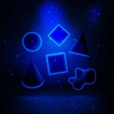 Illuminated neon blue geometric shapes create dynamic atmosphere on dark stage. Perfect for artistic posters and design with modern, futuristic compositionの素材