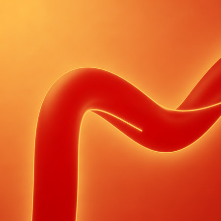 Contemporary graphic art featuring abstract curved red ribbon winding around orange gradient background smooth texture glowing edges modern art style digital illustration backdrop designの素材