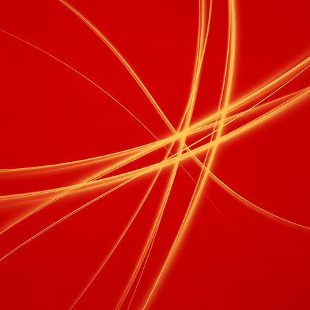 Abstract glowing lines form dynamic pattern against vibrant crimson background. Energetic and modern composition are great for visual effects creating depth and movement as wellの素材