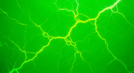 Dynamic green lightning strikes on a bright green background representing abstract energy and dramatic electrical force. Represents high voltage power with bright vibrant colors.の素材