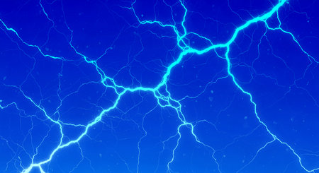 Blue lightning strikes with abstract electric discharge and plasma effect on dark backdrop as power of nature concept for creative digital artwork or backdrop design with electric energy.の素材