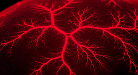 Electrical discharge illustration of plasma field showing glowing red veins and energy. On dark backdrop generates technological power and concept.の素材
