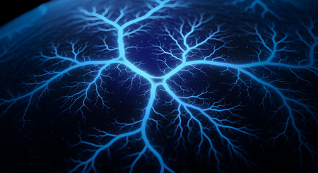 Radiating branches and light create abstract background with dynamic patterns. Glowing blue plasma surface design suitable for creative and futuristic designs and modern projects with unique style.の素材