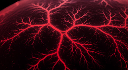 Electrical discharge illustration of plasma field showing glowing red veins and energy. On dark background generates technological power and concept art.の素材