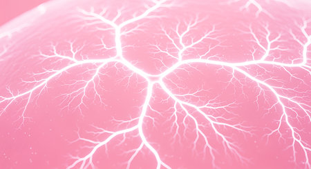 Pink hued spherical form showcasing white dendritic structure across its surface suggesting organic network or electrical distribution system. Light pink orb with fractal art.の素材