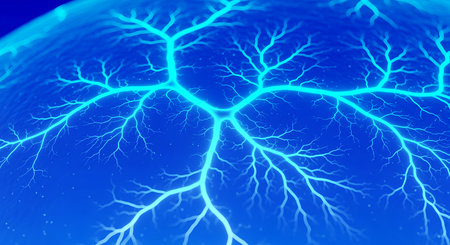 Delve into detailed abstract illustration of nervous system showcasing network connections with veins and arteries. Depicting human anatomy concepts, visual background in blue.の素材