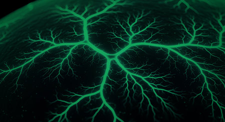Luminous green spherical structure displaying branching design reminiscent of veins or electrical pathways against dark gradient background. Bright sphere with fractal effect.の素材