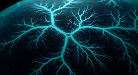 Vibrant blue electrical discharge forms fractal patterns, displayed on globe's surface representing scientific phenomena. Abstract energy, modern technology. Fractal pattern represents discharge.の素材