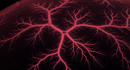 Dark abstract depicting branched veins resembles medical circulatory system. Vibrant red color with textured surface presents biology or scientific concepts like blood vesselsの素材