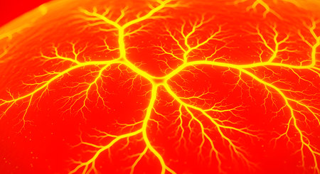Red and yellow artistic backdrop presenting organic vein like patterns. Unique design with vibrant color and captivating texture offering engaging visual experiences.の素材