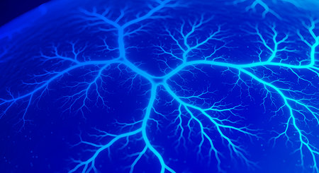 Branching lightning and radiating veins in artistic blue light creates abstract scene. Glowing network radiates from central source against dark toned spherical background.の素材