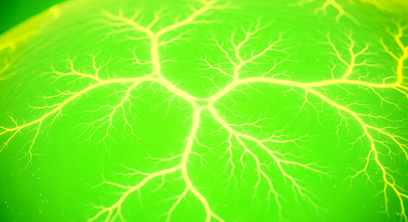 Science on surface radiating from center conceptualizing abstract vibrant phenomena exploration. Green lightning design depicting electrical discharge pattern representing scienceの素材