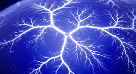 This is nervous system network illustration displaying electric impulse connections with detailed human brain veins and arteries. Abstract blue offers concept connection.の素材