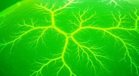 Conceptual science image exhibiting vibrant glowing phenomenon. Electric green sphere displaying plasma filaments radiating from center simulating electrical discharges.の素材