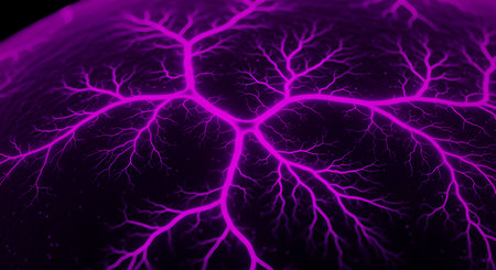 Branching lightning and radiating veins in artistic purple light creates abstract scene. Glowing network radiates from central source against dark spherical background.の素材